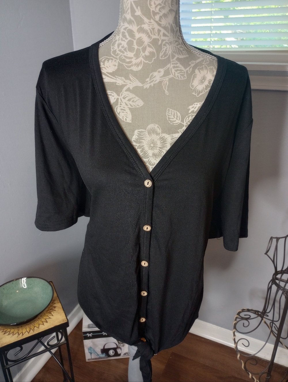 Kohl's Black Button-Front Tie Hem Top
